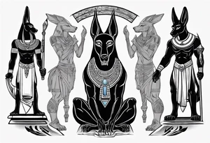 Anubis with some Egyptian mythology background that is 20 cm in length and 10 - 12 cm wide tattoo idea