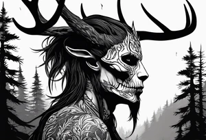 A spooky dead NO SKIN lore accurate wendigo side profile surrounded by a forest fire in background tattoo idea