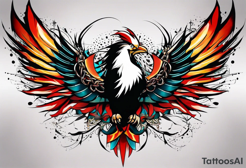 Wide tattoo that appears to be bursting out of the skin, symbolizing freedom. The tattoo should be vibrant and dynamic, with bold lines and colors that evoke a sense of liberation and empowerment. Consider incorporating elements such as broken chains, or other symbols of freedom. The tattoo should be visually striking and thought-provoking, inviting the viewer to reflect on the importance of personal freedom. tattoo idea
