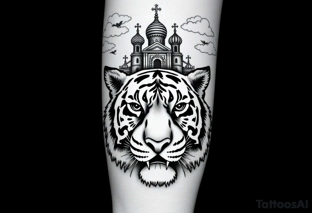Realistic tiger face on the back of the hand with its eyes ALL black sitting beneath a Russian Orthodox cathedral sitting above on the top fore arm with onion domes and orthodox crosses. with clouds above and a virgin mary tattoo idea