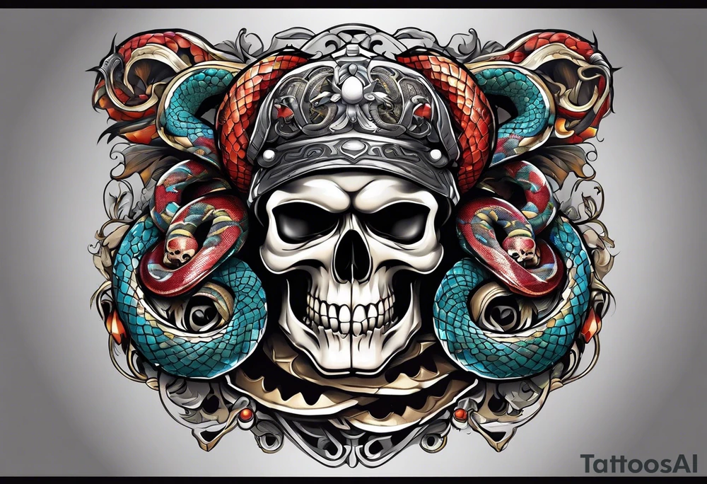 skull and snake wirh 4 colors tattoo idea