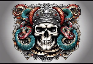 skull and snake wirh 4 colors tattoo idea