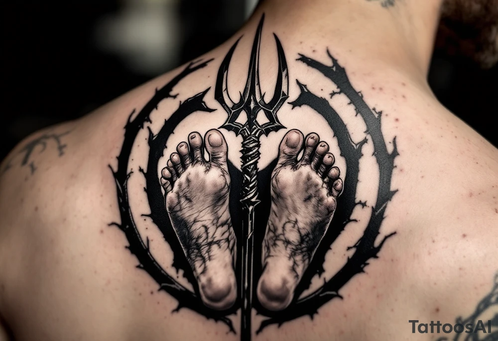 barefeet behind trident tattoo idea