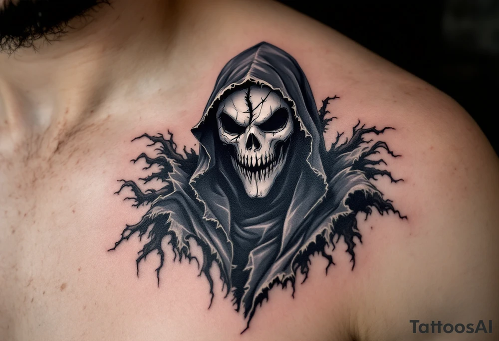Plague Doctor with Broken Mask – A sinister doctor with a fractured porcelain-white mask, revealing hollow darkness beneath. The robes are dark gray with frayed edges, giving the figure an eerie, ghostly presence. tattoo idea