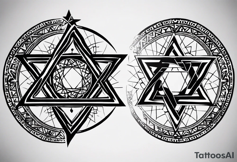 I would like two symmetrical tattoos on the left and right sides of my chest. The main element should be a Star of David (six-pointed star) on each side. Inside each star, I want the Armenian Wheel of Eternity.

	•	The Wheel of Eternity should be placed in the center of the Star of David, with a circular, swirling design to symbolize infinity and continuous life cycles. It should be detailed but simple enough to blend seamlessly with the star.
	•	The overall look should be bold, clean, and geometric, with a modern and minimalist style. tattoo idea