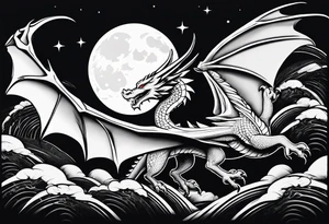 Dragon flying to the moon minimalism tattoo idea