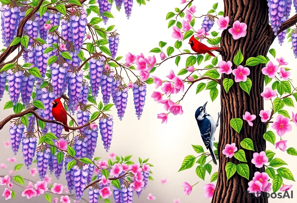The American wisteria tree gracefully drapes its cascading clusters of soft lavender flowers, twisting around sturdy branches with delicate, vine-like tendrils, while its lush green foliage creates a dreamy, whimsical canopy. Nearby, an Eastern redbud bursts with vibrant pink blossoms, its heart-shaped leaves beginning to unfurl, adding a striking contrast against the deep, twisting bark of its slender trunk. Among the branches, a brilliant red cardinal perches proudly, an indigo bunting glows in a dazzling shade of blue against the floral backdrop, and a downy woodpecker clings to the textured bark, its black-and-white feathers speckled with hints of red as it pecks gently, completing the tranquil and picturesque woodland scene. tattoo idea