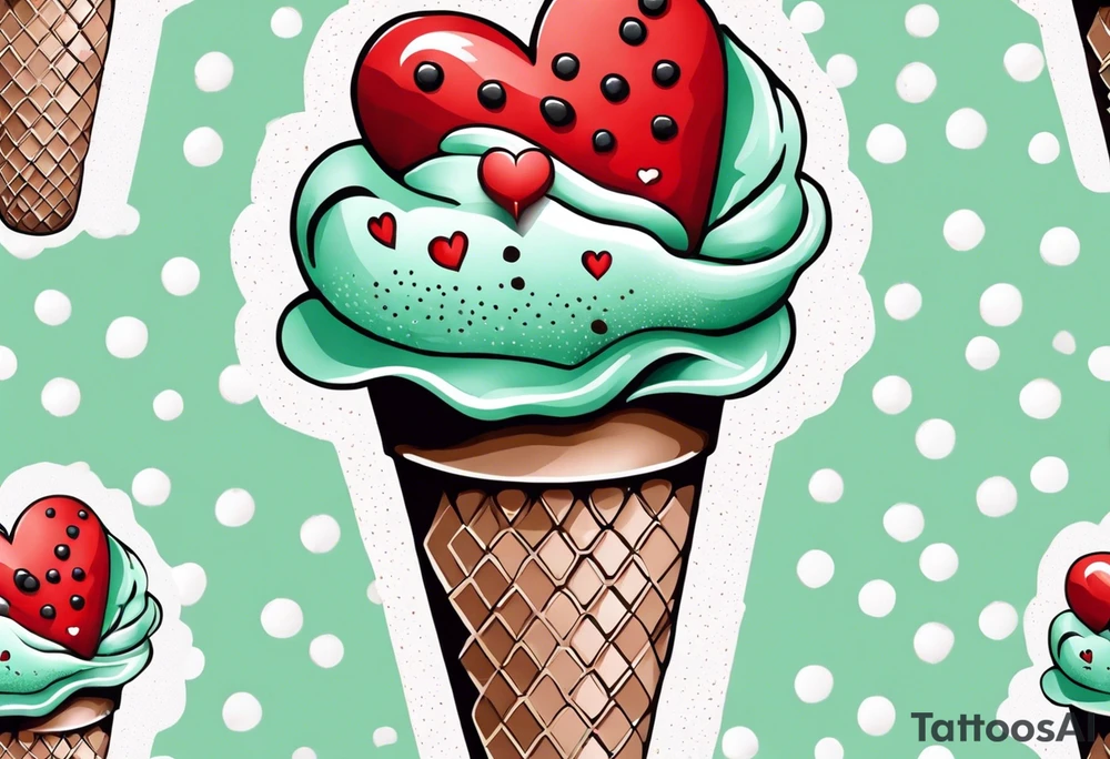 mint chocolate chip ice cream cone with small red heart on it somewhere. tattoo idea
