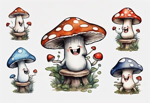 a medieval mushroom sitting on a stool drinking from a wood mug, laughing tattoo idea
