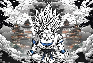 Son-Goku as a child in the foreground and an older version of him as a super saiyajin behind him. A huge dragonball surrounds the whole scenery. Fokus friends are surrounding him as shadows tattoo idea
