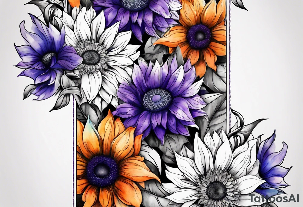 Full arm sleeve with purple, orange and blue sunflowers tattoo idea