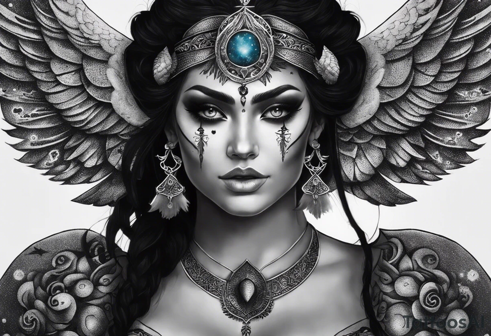 black kali, goddess pirate, alien, angel, pachamama, valkrye, warrior, flying, skull, lotus azul, wing, eagle, zenza resonance, stars, 5D, anahata chakra, death, durga, riding on a tiger, flying lady, chest tatoo tattoo idea