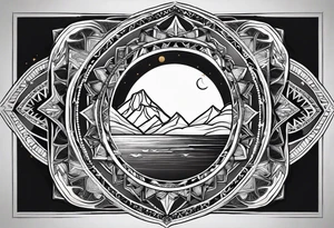 Rectangular arm tattoo around whole upper arm. Mandala inspired Design. Mountains, sea, Sky and moon are depicted. But everything seems to be turned around tattoo idea