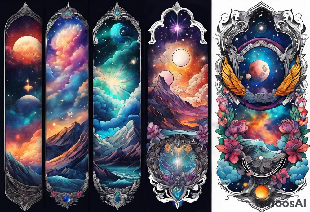 Cosmic and sky inspired tattoo arm sleeve tattoo idea