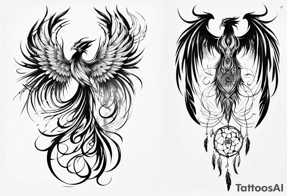 Vertical Phoenix with abstract dream catcher tail tattoo idea Vertical Phoenix with abstract dream catcher tail tattoo idea
