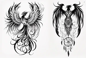 Vertical Phoenix with abstract dream catcher tail tattoo idea