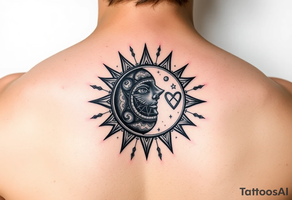 celestial sun and moon embrace with constellation patterns with 222 tattoo idea