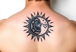 celestial sun and moon embrace with constellation patterns with 222 tattoo idea