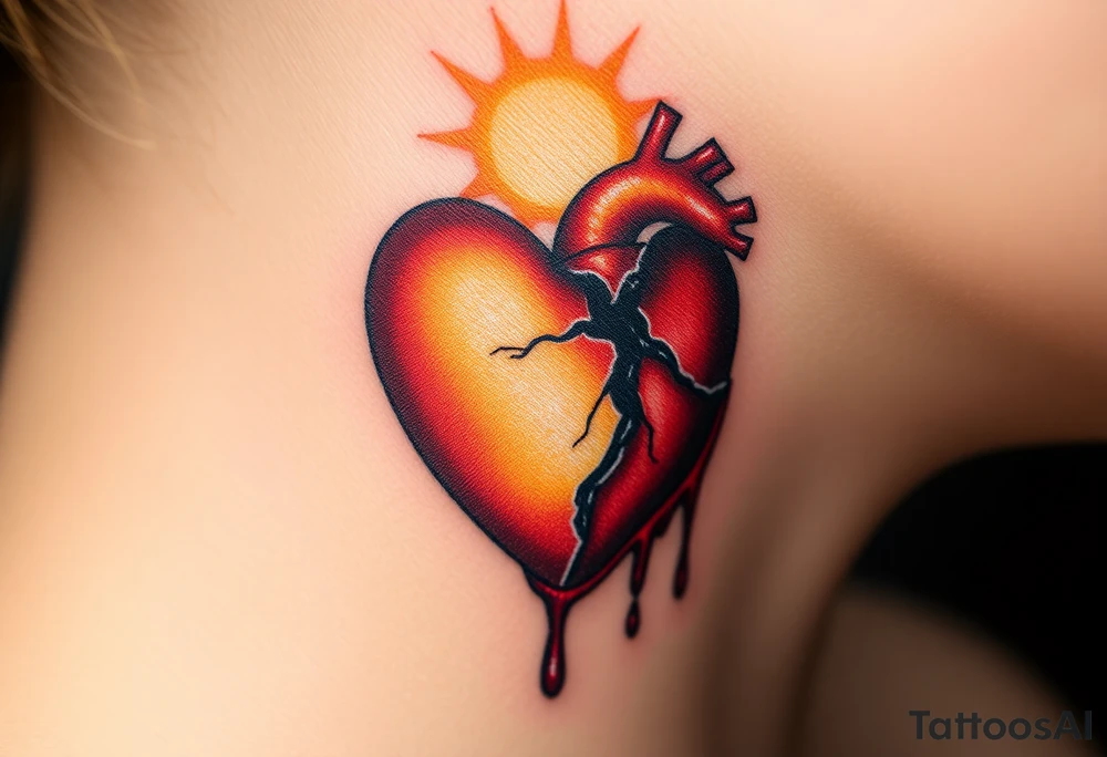 A bright golden heart, surrounded by soft, heavenly light, contrasted with a cracked, bleeding heart, dripping with deep crimson and black ink, signifying the contrast between joy and sorrow, life and death. tattoo idea