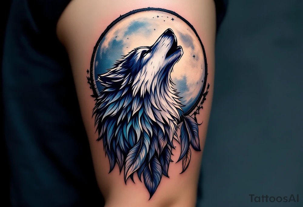 A powerful wolf howling at a full moon, surrounded by a detailed dreamcatcher. The feathers of the dreamcatcher are flowing with the wind, symbolizing freedom and spiritual connection. Deep blues and purples for the night sky, silver for the moon, rich greys and blacks for the wolf, and soft browns for the dreamcatcher feathers. tattoo idea