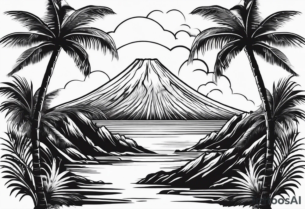 fineline tattoo of a palm tree with a volcano on the back tattoo idea