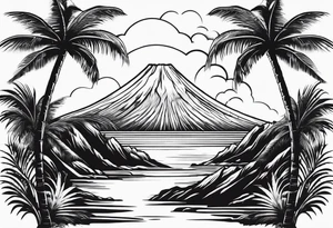 fineline tattoo of a palm tree with a volcano on the back tattoo idea