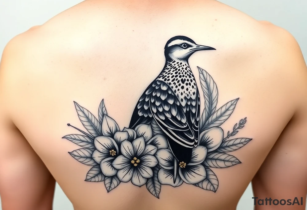 Female pacific golden plover (kolea) bird with heliconia flowers, hibiscus flowers, bird of paradise flowers, beehive ginger, shampoo ginger, red tahitian ginger, surrounded by crown flower lei, puakenikeni lei, and ti leaf lei tattoo idea