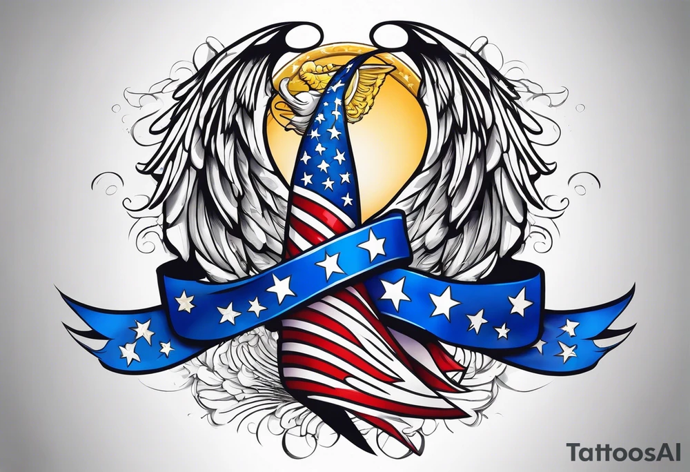 Blue colon cancer ribbon with angel winds and American flag blend in tattoo idea