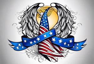 Blue colon cancer ribbon with angel winds and American flag blend in tattoo idea