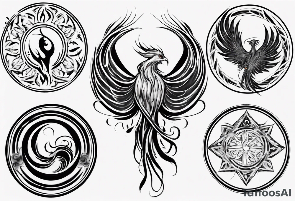 Phoenix rising blending in circles tattoo idea