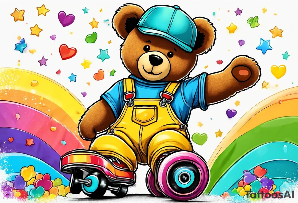 A light brown teddy bear in yellow overalls, rollerskating in rainbow colored skates tattoo idea