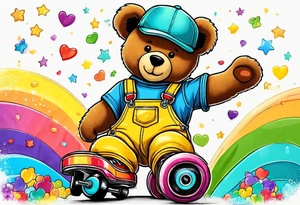 A light brown teddy bear in yellow overalls, rollerskating in rainbow colored skates tattoo idea