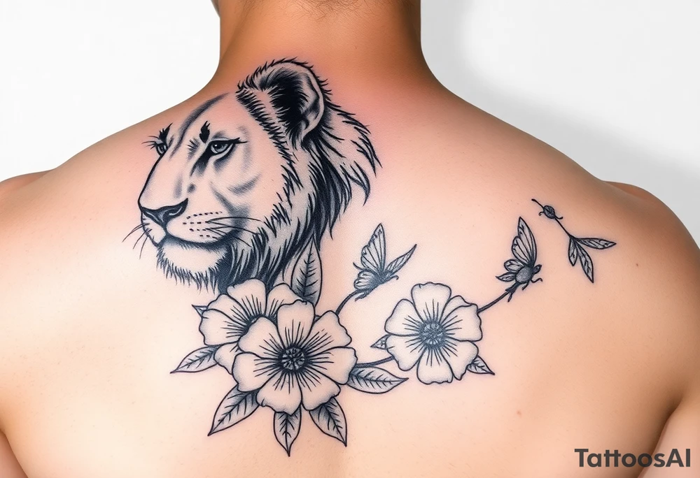 a lioness with frangapanis and fairys tattoo idea