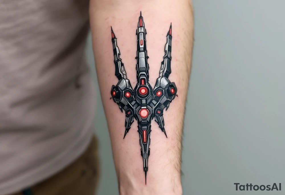 A realistic biomechanical hand tattoo in metallic silver and deep gunmetal with red LED-like highlights mimicking robotic joints. tattoo idea
