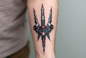 A realistic biomechanical hand tattoo in metallic silver and deep gunmetal with red LED-like highlights mimicking robotic joints. tattoo idea
