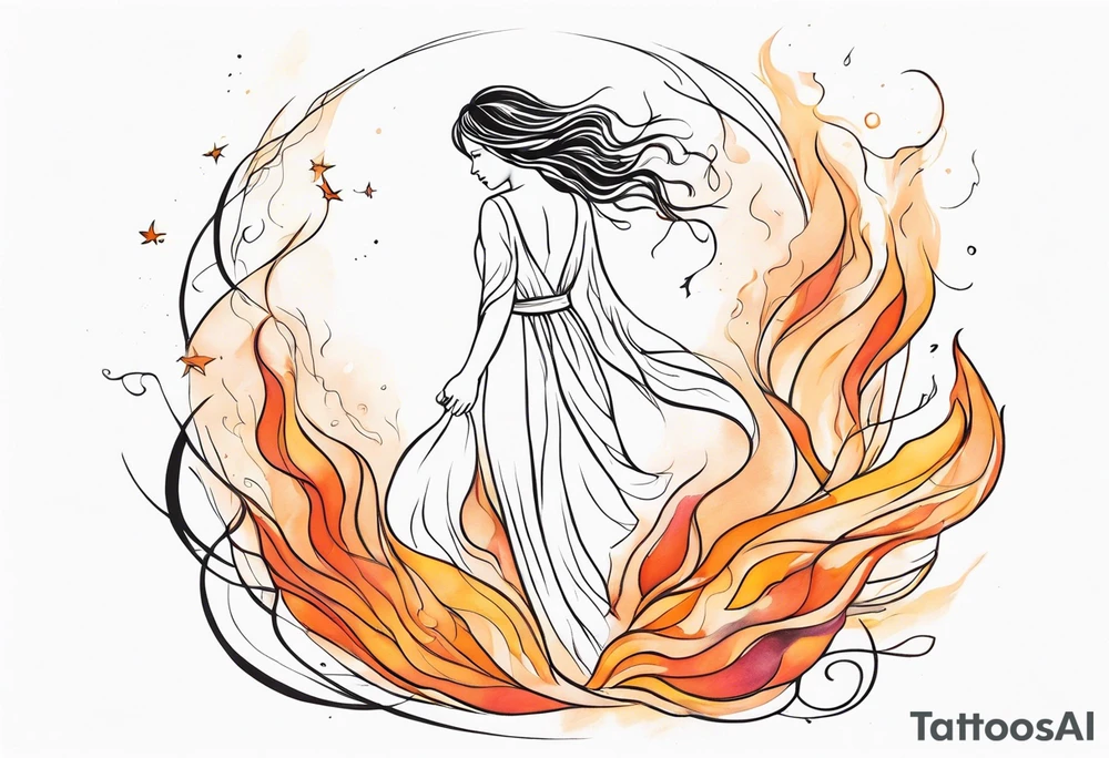 Resurrection strength and courage overcoming trauma Beautiful Woman walking away fire and chaos to inner peace and self-love  ethereal tattoo idea