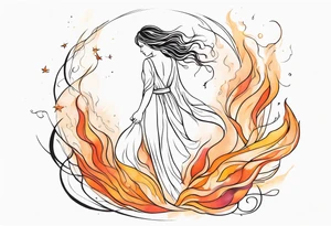Resurrection strength and courage overcoming trauma Beautiful Woman walking away fire and chaos to inner peace and self-love  ethereal tattoo idea
