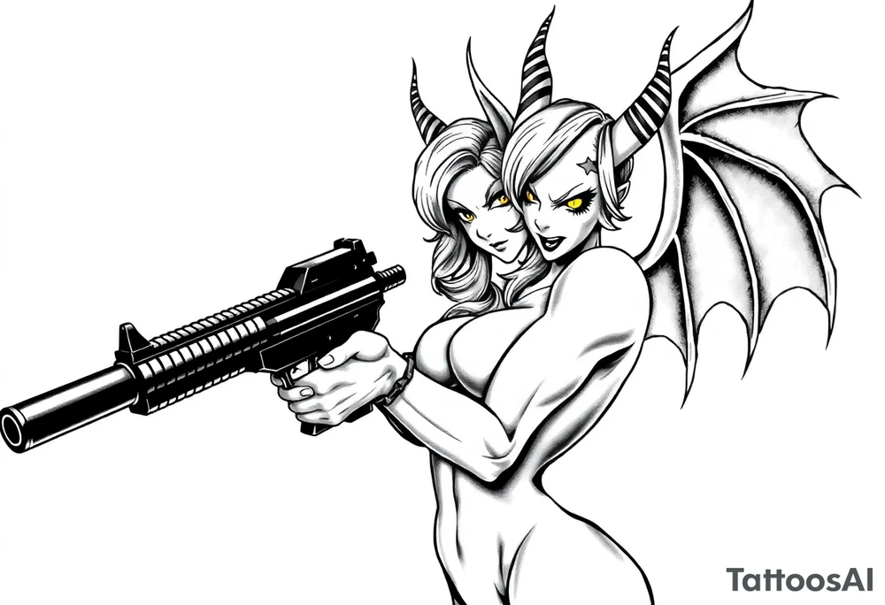 angry succubus holding gun, anime tattoo idea