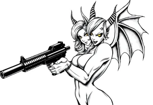angry succubus holding gun, anime tattoo idea