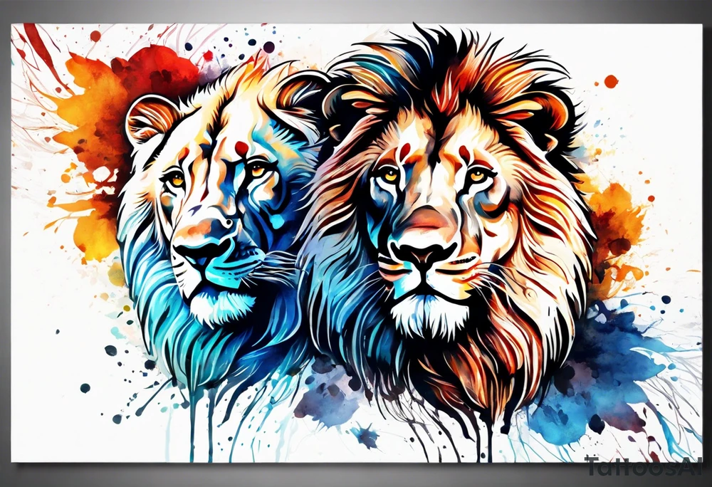Water Colour splash back. Male and Female. Lions. Power and love. One protecting the other tattoo idea