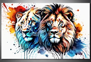 Water Colour splash back. Male and Female. Lions. Power and love. One protecting the other tattoo idea