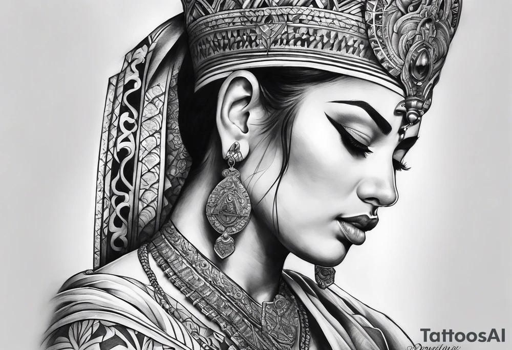 Dark black and white. Religious or cultural.
On the top of one shoulder. tattoo idea