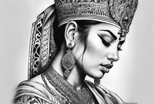 Dark black and white. Religious or cultural. 

On the top of one shoulder. tattoo idea