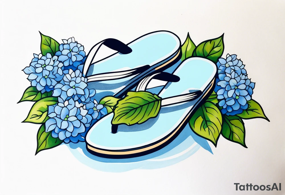 small tattoo of a single pastel blue flip flop surrounded by blue and periwinkle hydrangea flowers with green leaves tattoo idea