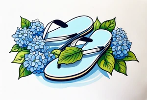 small tattoo of a single pastel blue flip flop surrounded by blue and periwinkle hydrangea flowers with green leaves tattoo idea