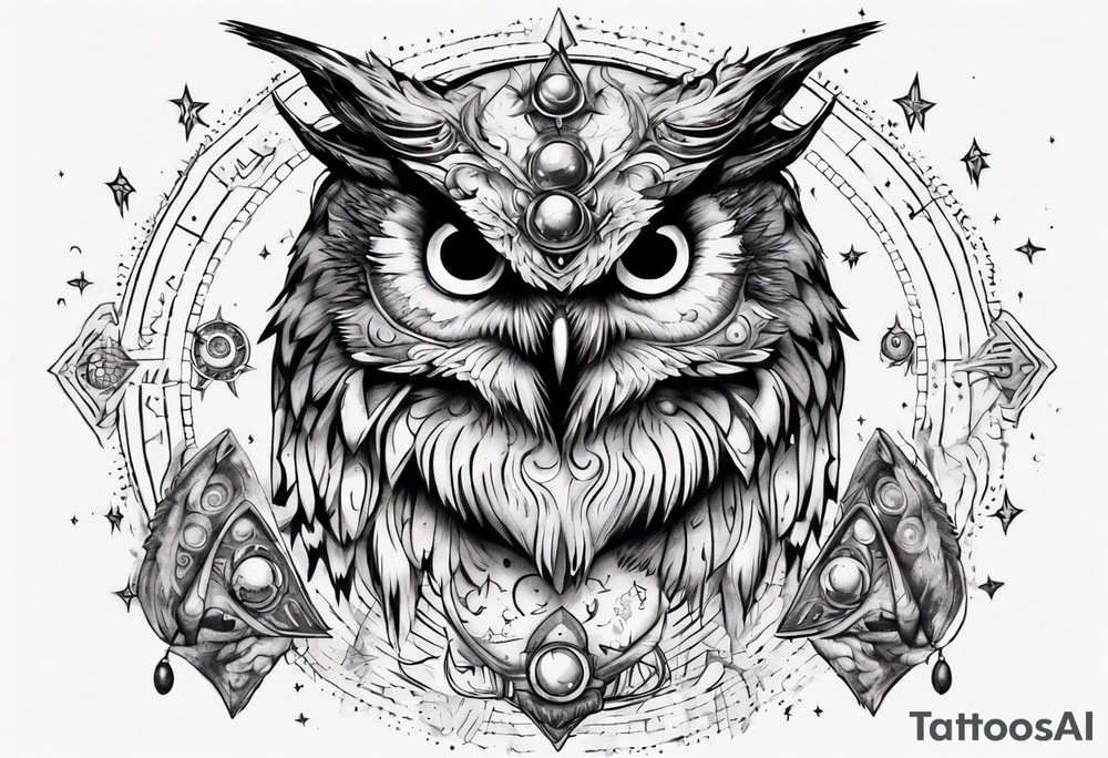 Demon crowned Owl surrounded by cosmic magic  astrology. tattoo idea
