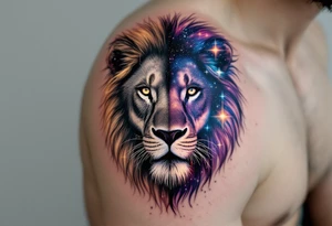 A realistic lion face is split down the middle, one half in grayscale and the other filled with Leo’s star constellation and colorful galaxies. tattoo idea