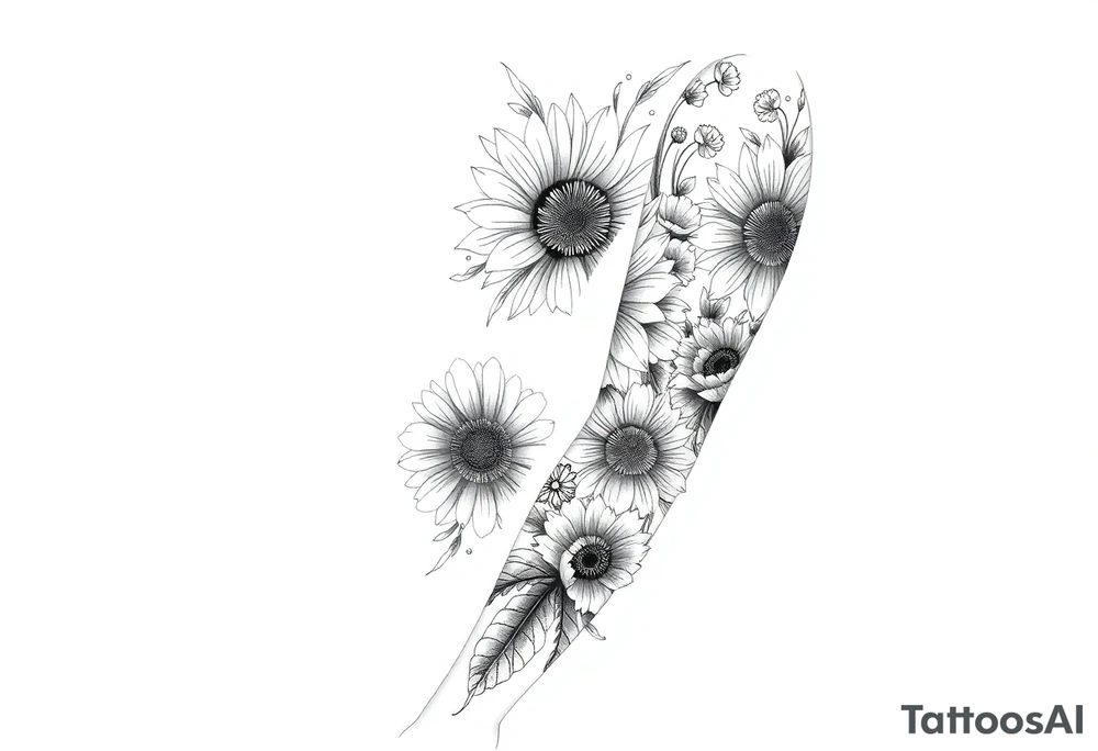 Create a design full sleeve arm tattoo with Tulip 
Sunflower ,Roses ,Bee ,Water,Fire ,Earth,Wind,Phoenix,Evil eye ,888 tattoo idea