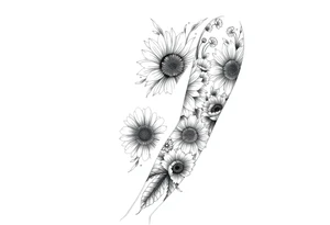 Create a design full sleeve arm tattoo with Tulip 
Sunflower ,Roses ,Bee ,Water,Fire ,Earth,Wind,Phoenix,Evil eye ,888 tattoo idea