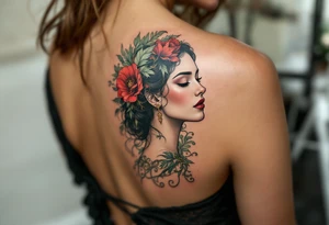 Alfons Mucha’s elegant profile of a woman crowned with crimson poppies and pale green leaves, with golden decorative scrollwork. tattoo idea